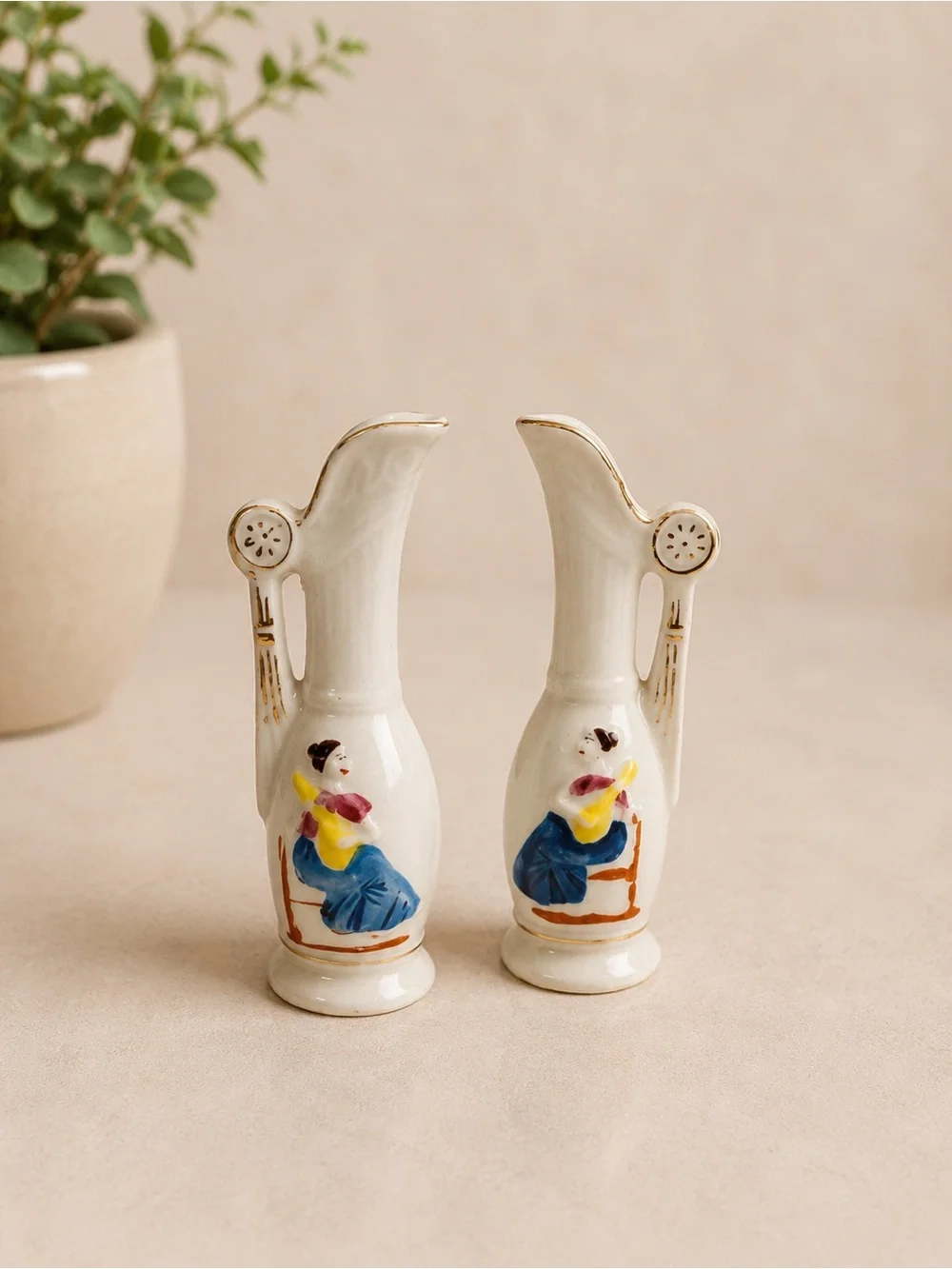 Pair of Miniature Japanese Porcelain Bud Vases Hand Painted Japan